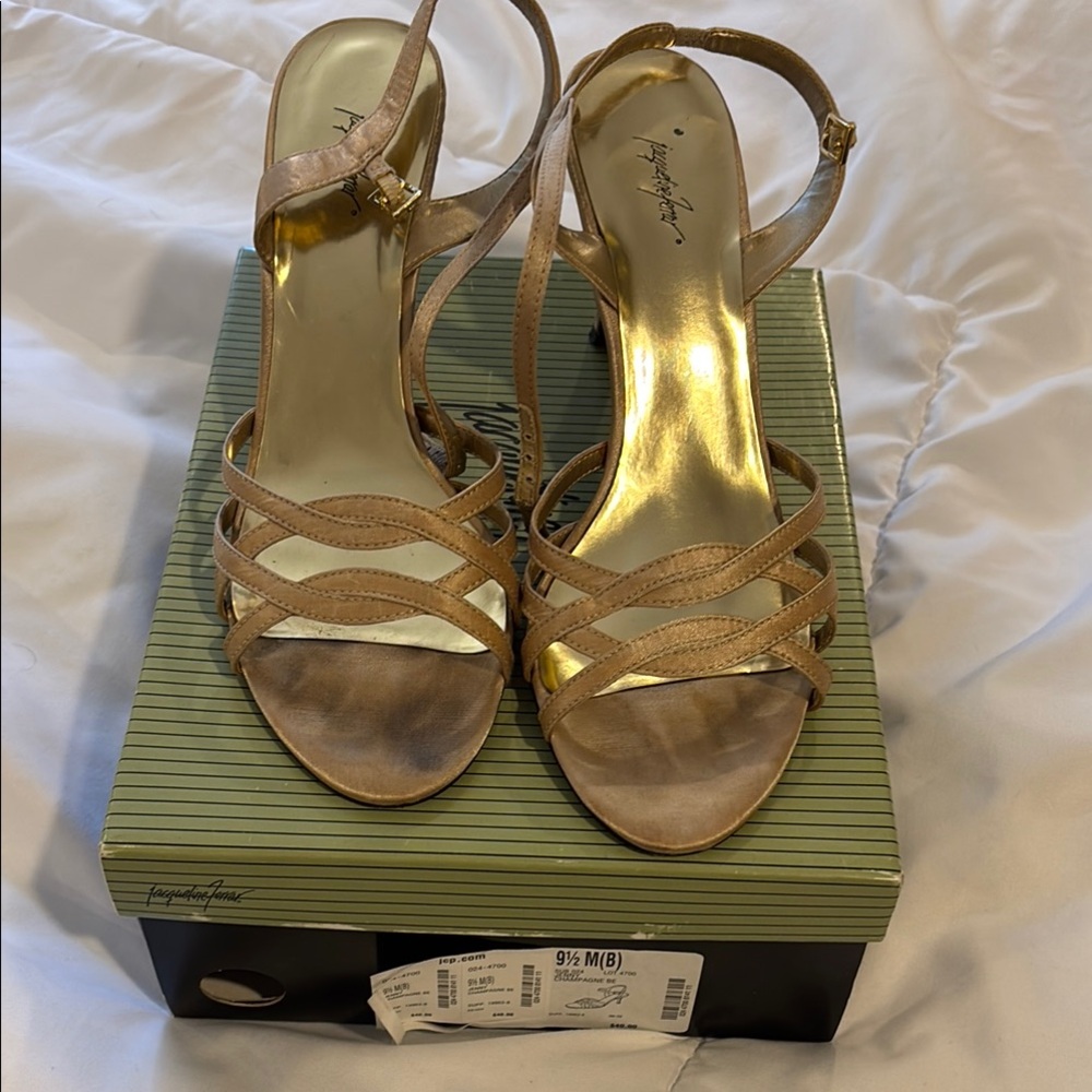Jacqueline Ferrar Tan and Gold Heels with Intricate Straps